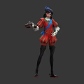 Detailed Red Outfit Character Design With Blue Accents Hat Holding Object Front Back Views