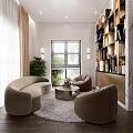 Modern Living Room Interior With Curved Beige Sofa Round Coffee Table Vases And Green Plant