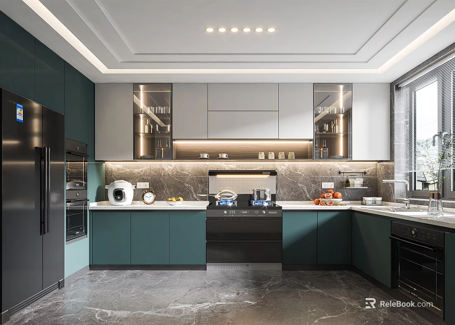Modern Kitchen Interior With Dark Green And Gray Cabinets Marble Countertops Appliances And Natural Light 3d model 