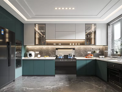 Modern Kitchen Interior With Dark Green And Gray Cabinets Marble Countertops Appliances And Natural Light 3d model