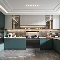 Modern Kitchen Interior With Dark Green And Gray Cabinets Marble Countertops Appliances And Natural Light