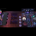 Vibrant Event Venue With Neon Signs Metal Frames And Illuminated Floor Patterns