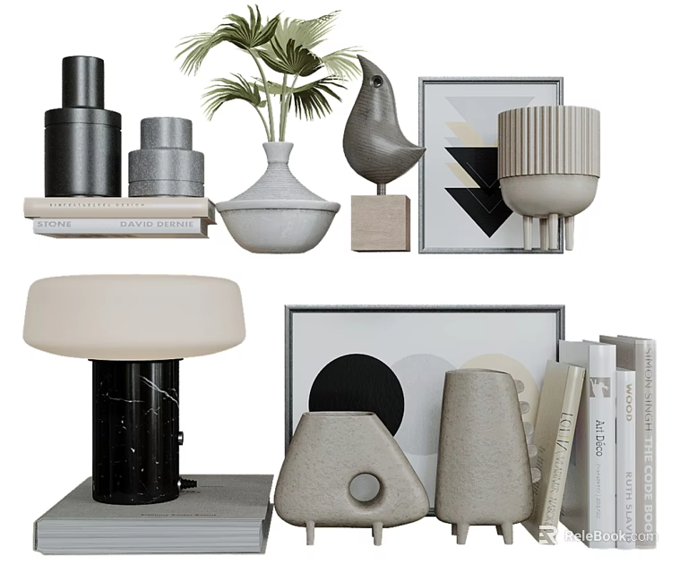 Stylish Books And Magazines In Modern Interior With Decorative Vase Sculpture Lamp And Art Frames 3d model 