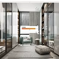 Modern Walk in Closet Interior Design With Glass Front Cabinets Seating Bench And Lighting Fixtures