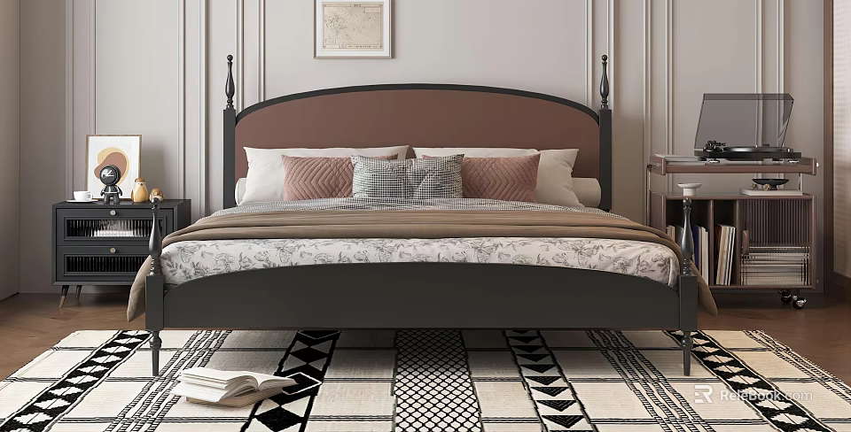 Modern Elegant Double Bed With Black Metal Headboard Brown Upholstered Design And Geometric Rug 3d model 