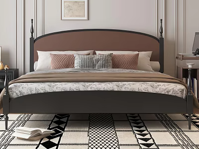 Modern Elegant Double Bed With Black Metal Headboard Brown Upholstered Design And Geometric Rug 3d model