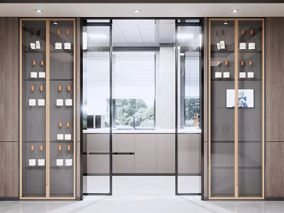 Modern Wine Cabinet With Glass Doors And Wooden Frame Displaying Wine Bottles And Glasses 3d model