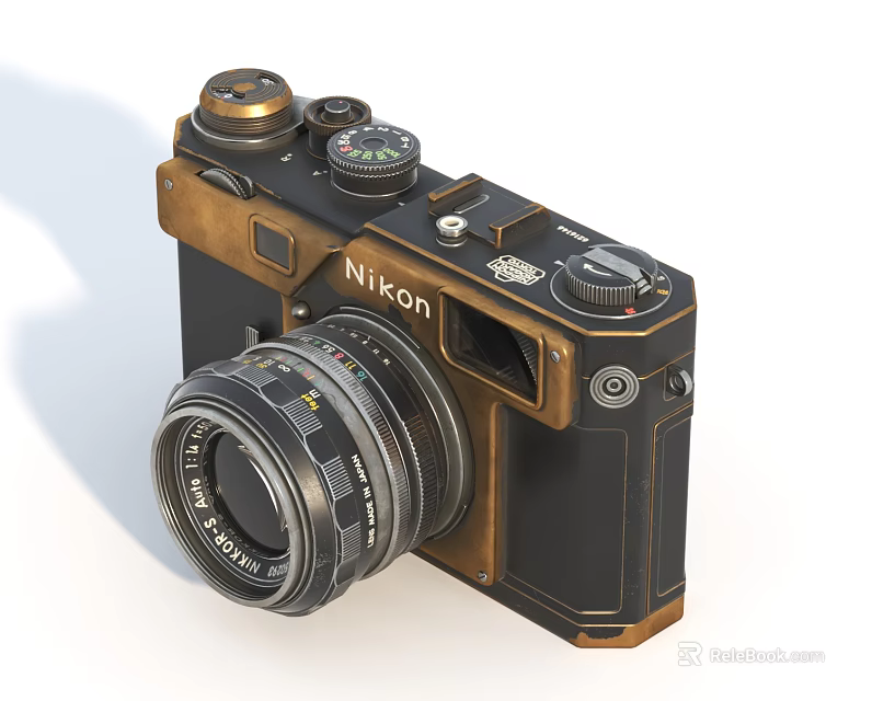 Nikon Vintage Style Digital Camera With Black And Gold Design And Classic Lens 3d model 
