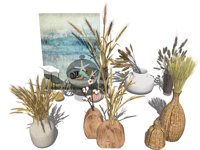 Wicker and Wooden Vases with Dried Wheat Grass Cotton Stems and White Ceramic 3d model
