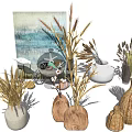 Wicker and Wooden Vases with Dried Wheat Grass Cotton Stems and White Ceramic