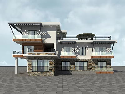 Modern Detached Villa Exterior Design With Glass Balconies Stone Walls And Large Windows 3d model