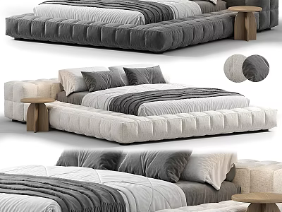 Gray and Beige Double Bed with Padded Frame Striped Bedding Pillows and Wooden Side Table 3d model