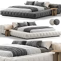 Gray and Beige Double Bed with Padded Frame Striped Bedding Pillows and Wooden Side Table