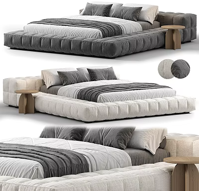 Gray and Beige Double Bed with Padded Frame Striped Bedding Pillows and Wooden Side Table 3d model