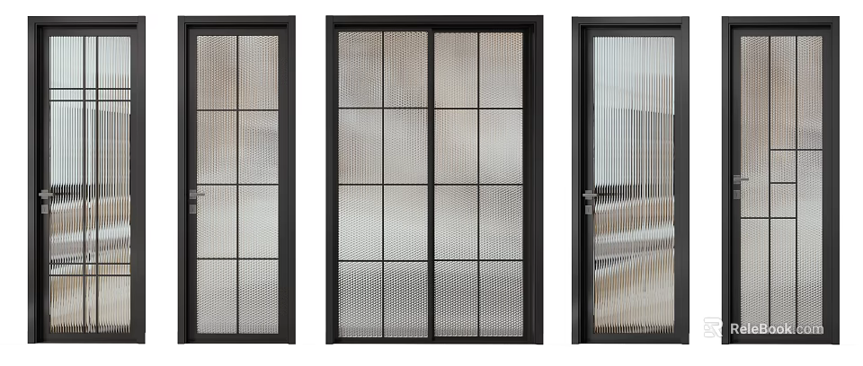 Stylish Hinged Doors With Black Frames And Various Glass Patterns For Interior 3d model 