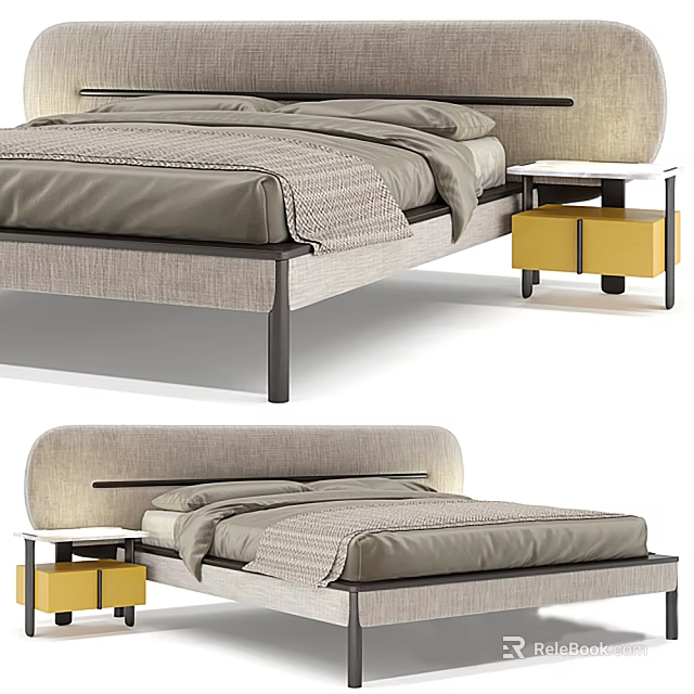 Modern Linen Upholstered Double Bed With Curved Headboard And Yellow Drawer Nightstand 3d model 
