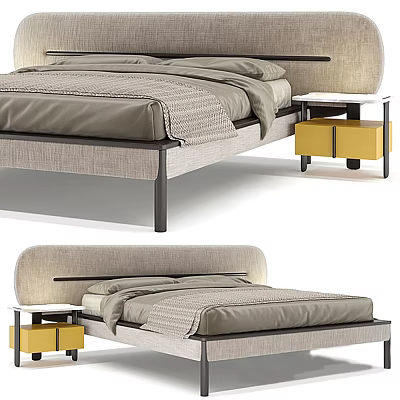 Modern Linen Upholstered Double Bed With Curved Headboard And Yellow Drawer Nightstand 3d model