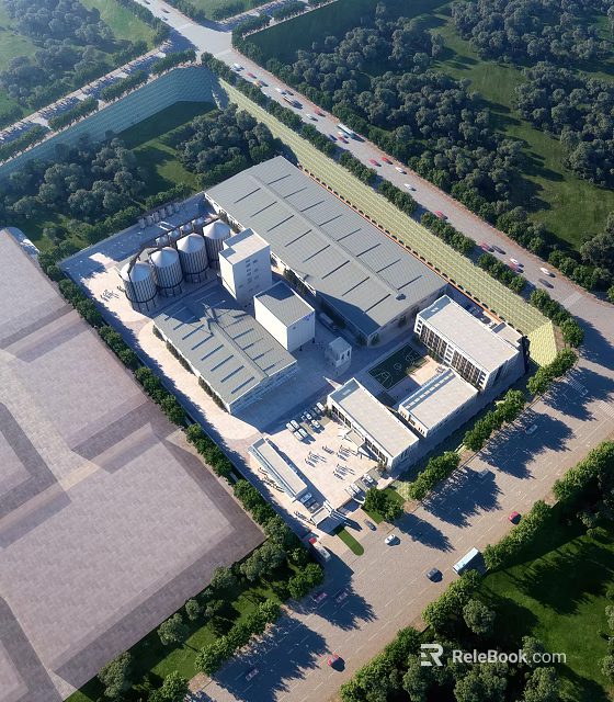 Industrial Plant Aerial View With Modern Buildings Silos Green Surroundings And Road Access 3d model 