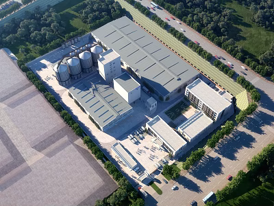 Industrial Plant Aerial View With Modern Buildings Silos Green Surroundings And Road Access 3d model