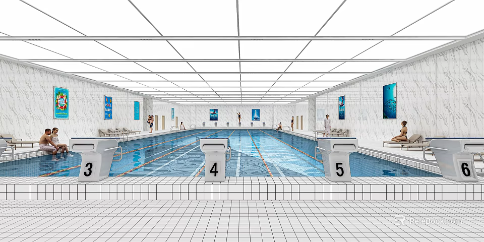Indoor Swimming Pool With Numbered Lanes Tiled Floor And Wall Decorations 3d model 