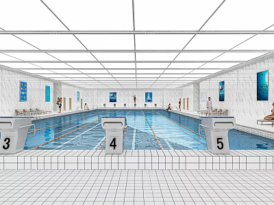 Indoor Swimming Pool With Numbered Lanes Tiled Floor And Wall Decorations 3d model