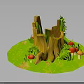 Lush Green Grassy Scene with Wooden Stumps Red and Orange Mushrooms and Small Plants