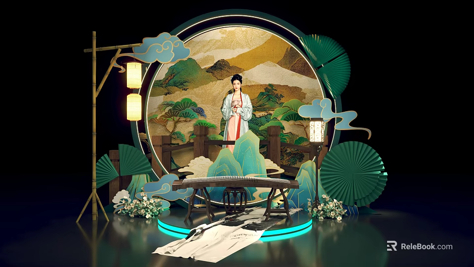 Traditional Chinese Cultural Scene With Woman In Hanfu Landscape Painting Lanterns Guqin And Fans 3d model 