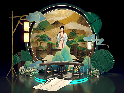 Traditional Chinese Cultural Scene With Woman In Hanfu Landscape Painting Lanterns Guqin And Fans 3d model