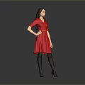 Woman in Red Dress Standing Against Gray Background with Black Stockings High Heels and Belt