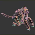 3D Designed Futuristic Game Movie Character With Metallic Structure Green Orange Accents And Spiked Legs