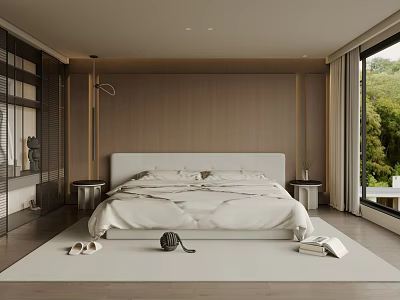 Modern Bedroom Interior with Wooden Walls White Bed Floor-to-Ceiling Windows Minimalist Nightstands Rug and Greenery 3d model