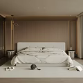 Modern Bedroom Interior with Wooden Walls White Bed Floor-to-Ceiling Windows Minimalist Nightstands Rug and Greenery