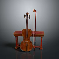 Classic Violin With Bow And Red Wooden Bench Musical Instrument Gear