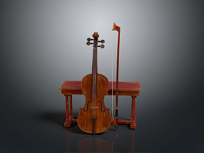 Classic Violin With Bow And Red Wooden Bench Musical Instrument Gear 3d model