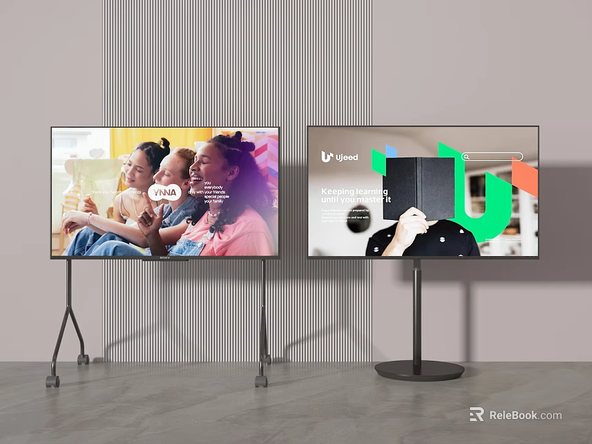 Two Modern TVs On Stands Displaying Video Content And App Interfaces 3d model