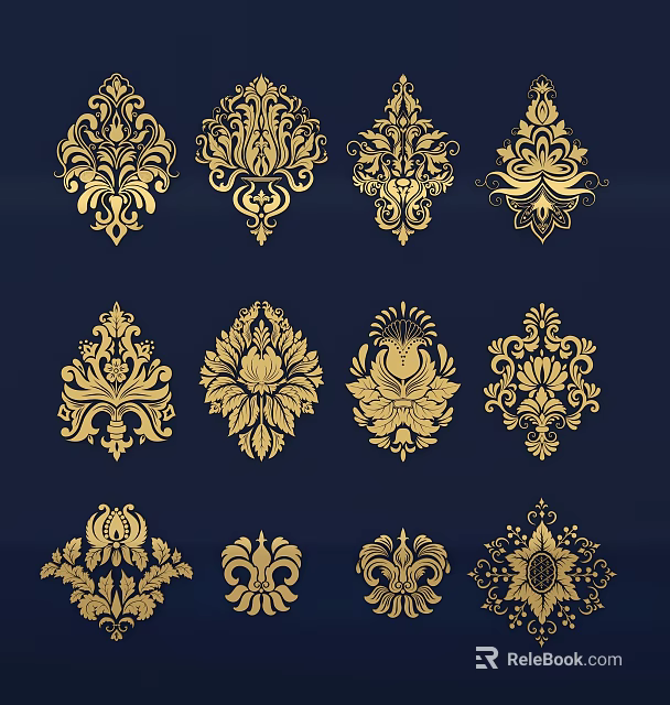 Elegant Gold Wall Decor With Intricate Floral Patterns And Navy Blue Background 3d model