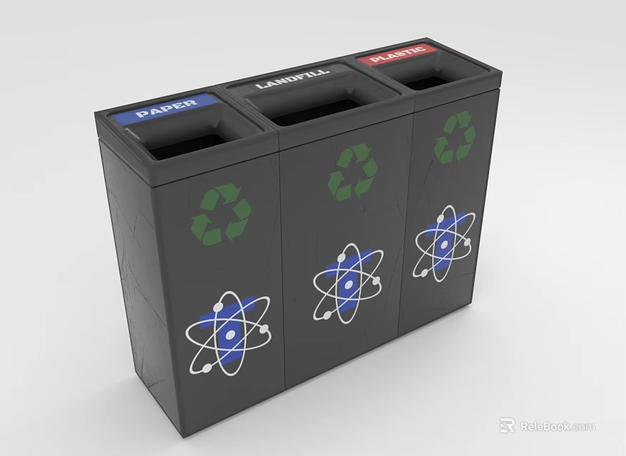 Black Recycling Bins With Paper Landfill Recycle Sections And Green Atomic Symbols 3d model 
