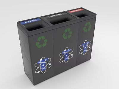 Black Recycling Bins With Paper Landfill Recycle Sections And Green Atomic Symbols 3d model