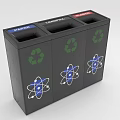 Black Recycling Bins With Paper Landfill Recycle Sections And Green Atomic Symbols