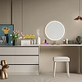 Modern Dressing Table With Round Mirror Drawers Gold Decor And Stool 3d model