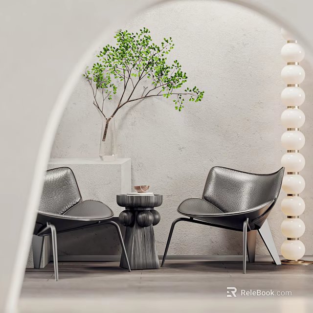 Modern Black Leather Chairs With Round Wooden Table And Green Plant In White Vase 3d model 