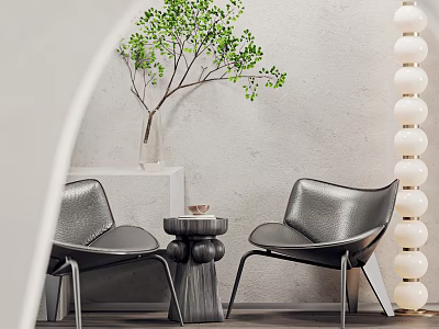Modern Black Leather Chairs With Round Wooden Table And Green Plant In White Vase 3d model