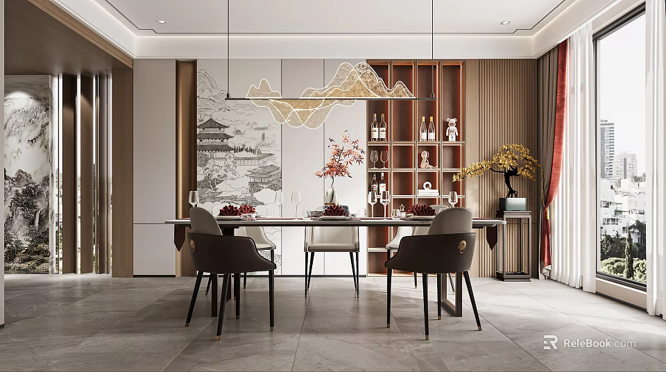 Elegant Chinese Restaurant Interior Featuring Dining Table Chairs Pendant Lights Wine Cabinet And Decorative Painting 3d model 