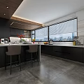 Modern Kitchen Interior With Black Cabinets Stainless Steel Appliances Gray Flooring And Large Windows