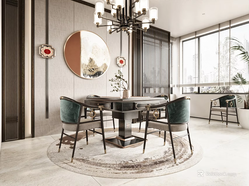 Elegant Modern Hotel Mahjong Room Interior With Round Table Green Chairs And Chandelier 3d model