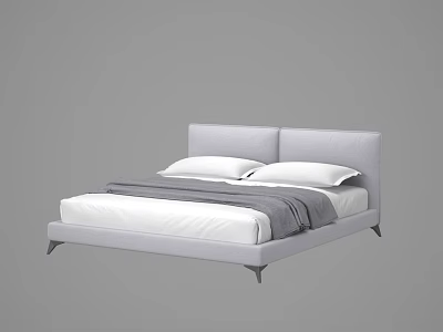 Modern Double Bed With Light Gray Fabric Headboard White Pillows Gray Blanket And Metal Legs 3d model