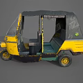 Vintage Yellow Green Black Tuk Tuk With Black Canopy Windshield And Yellow Wheels