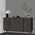Modern Gray Wooden Console Cabinet with Table Lamp Vase Branches and Aromatic Sticks Decor