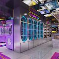 Modern Mall Interior With Purple Neon Lights Vending Machines And Shops Decoration