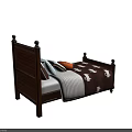 Dark Wooden Single Bed with Bedposts Brown Quilt White Patterns Blue Striped Pillows Orange Pumpkin